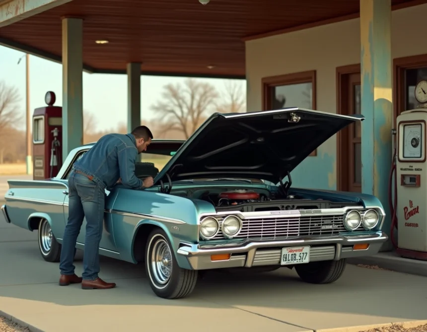 Homme inspectant le moteur d'une Chevrolet Impala classique dans une station-service vintage américaine