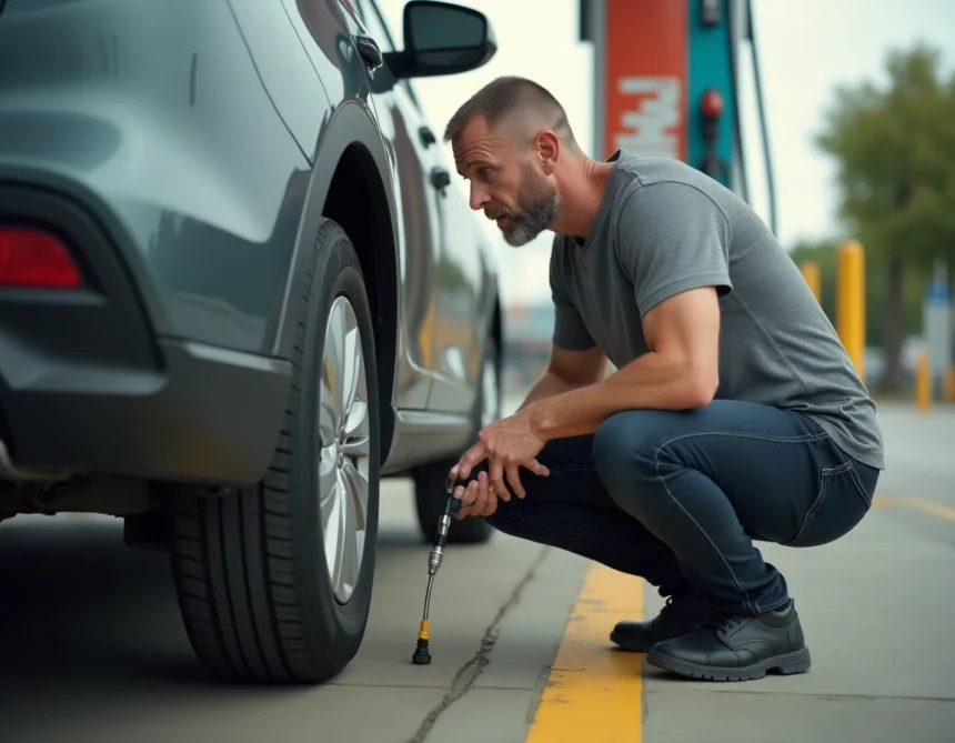 Homme gonflant un pneu de voiture avec un gonfleur manuel dans une station-service, vue en contre-plongée sur la roue et la valve