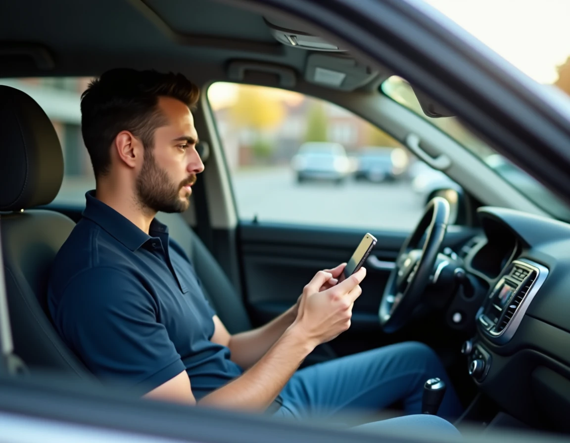 Homme révisant les questions du permis de conduire sur une application mobile depuis son siège conducteur dans une voiture garée