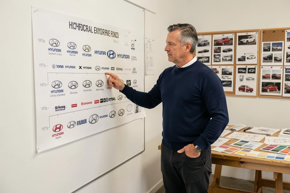 Designer automobile devant une affiche retraçant l'évolution historique du logo Hyundai dans un studio de design professionnel