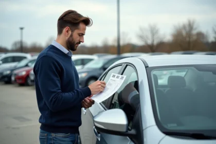 Homme examinant une fiche de prix sur une voiture d'occasion dans un parking de concessionnaire Aramisauto