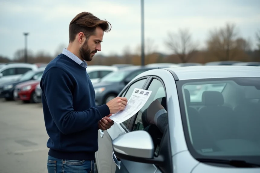 Homme examinant une fiche de prix sur une voiture d'occasion dans un parking de concessionnaire Aramisauto