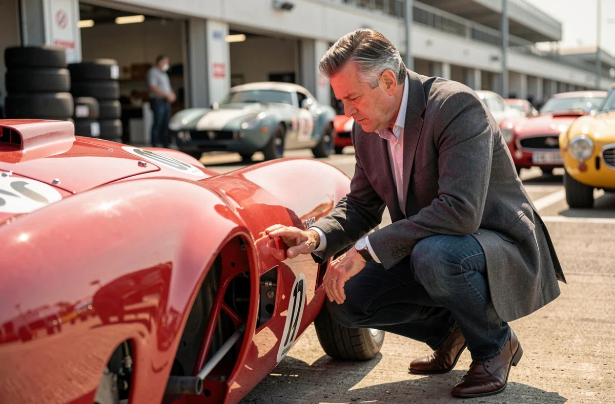Expert examinant une réplique de Cobra rouge dans un paddock de circuit automobile