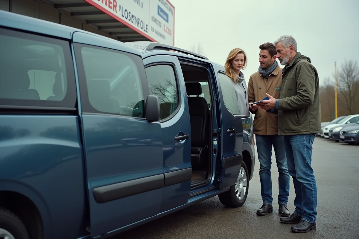 Famille en train d'inspecter une Peugeot Partner Tepee bleue chez un concessionnaire de voitures d'occasion