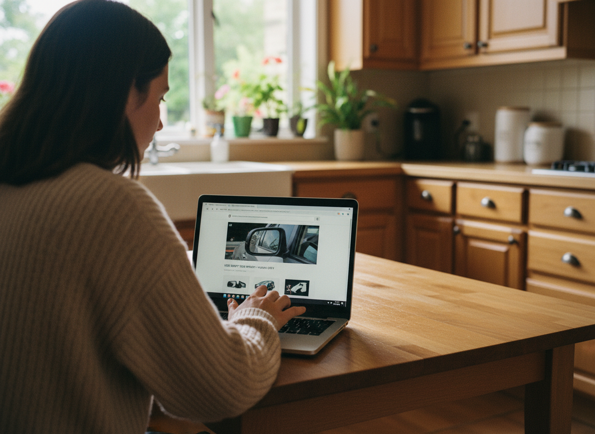 Femme recherchant un miroir de voiture en ligne