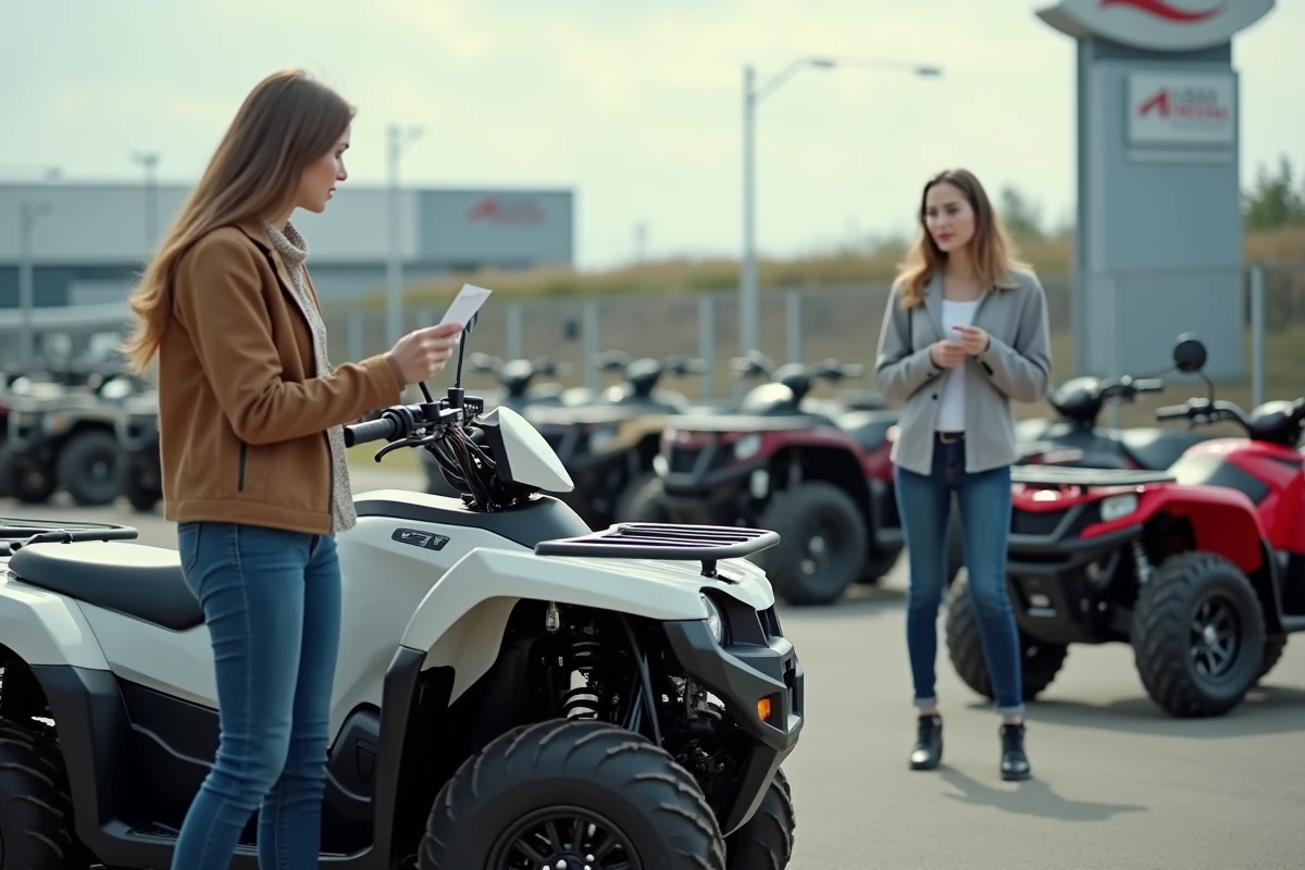 Femme regardant un quad électrique chez un concessionnaire