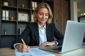 Femme d'affaires concentrée sur son ordinateur dans un bureau