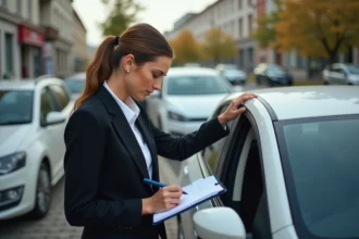 Femme d affaires écrivant sur un carnet à côté de sa voiture