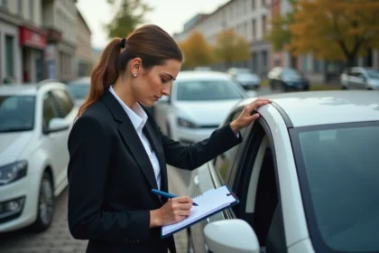 Femme d affaires écrivant sur un carnet à côté de sa voiture