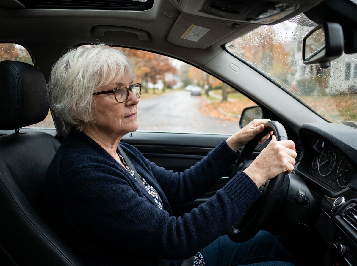 Femme âgée au volant réfléchissant à son aptitude médicale à conduire