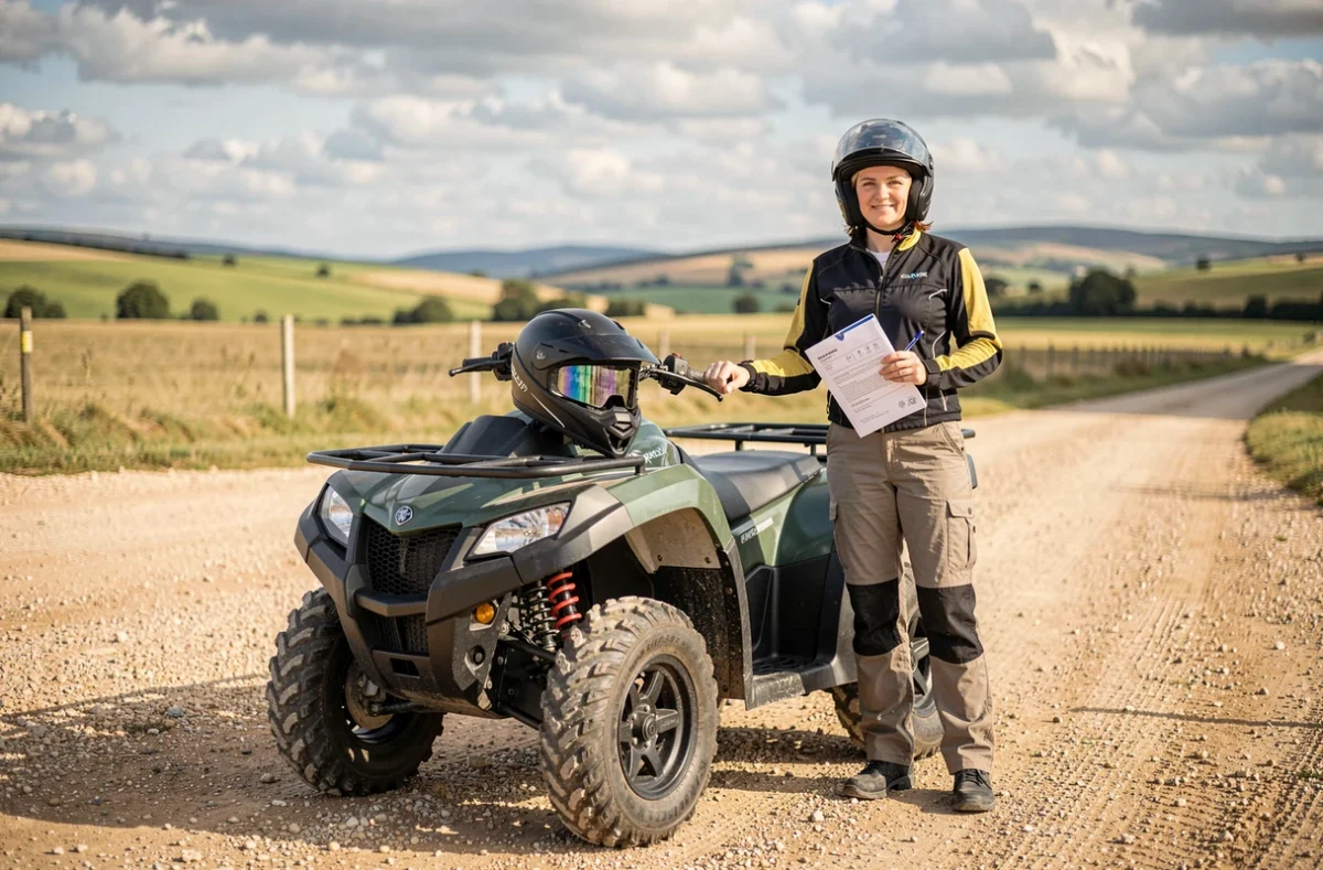 Femme debout près d'un quad en zone rurale tenant des documents d'assurance avant de prendre la route