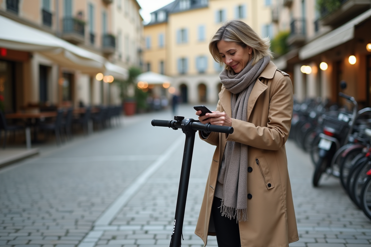 Femme vérifiant son téléphone à côté de son scooter urbain