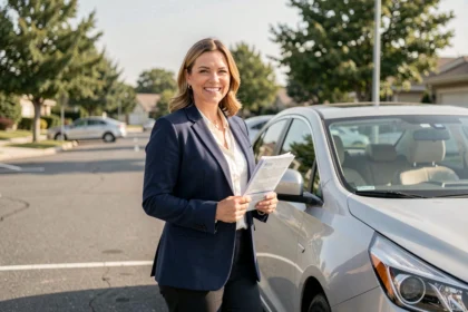 Femme souriante tenant des documents d'assurance auto à côté d'une berline moderne, illustrant le bonus maximum en assurance automobile