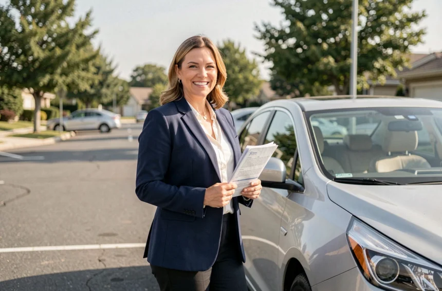 Femme souriante tenant des documents d'assurance auto à côté d'une berline moderne, illustrant le bonus maximum en assurance automobile