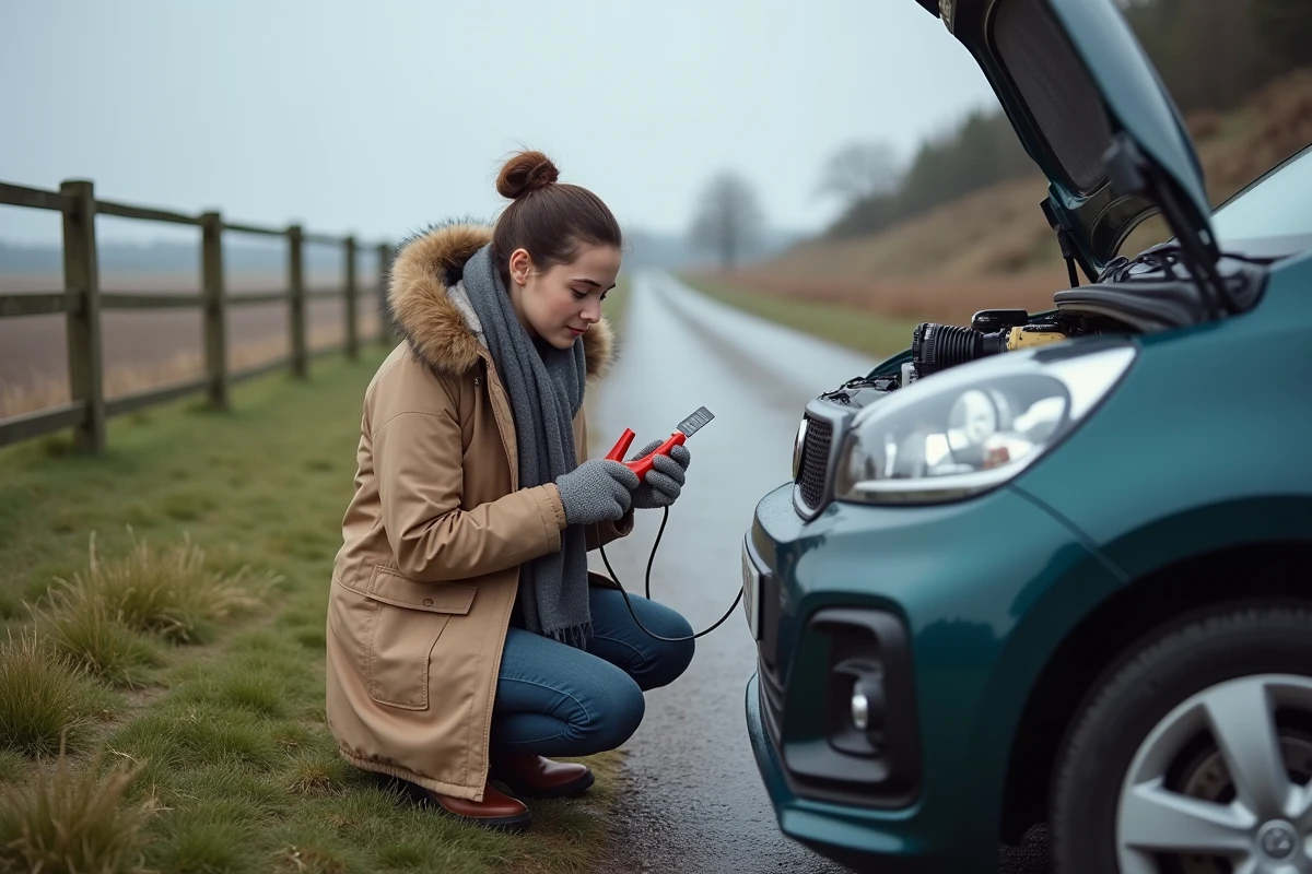 Jeune femme vérifiant des câbles de voiture dans un paysage rural