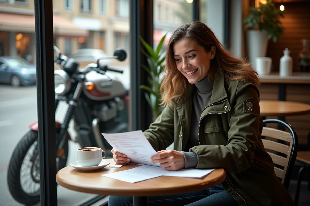 Femme souriante vérifiant documents dans un café avec moto CB750 visible