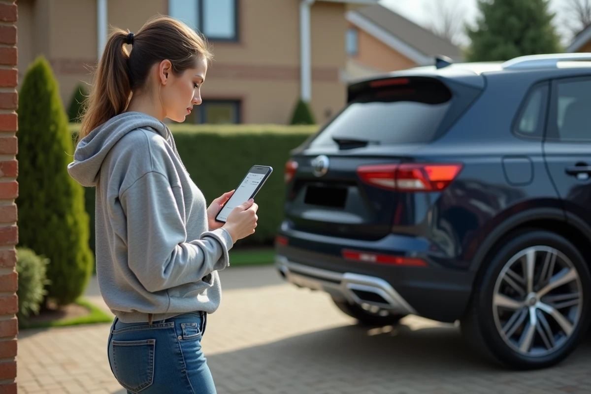 Femme consultant un calculateur de taille de pneu sur smartphone devant un SUV avec des pneus larges