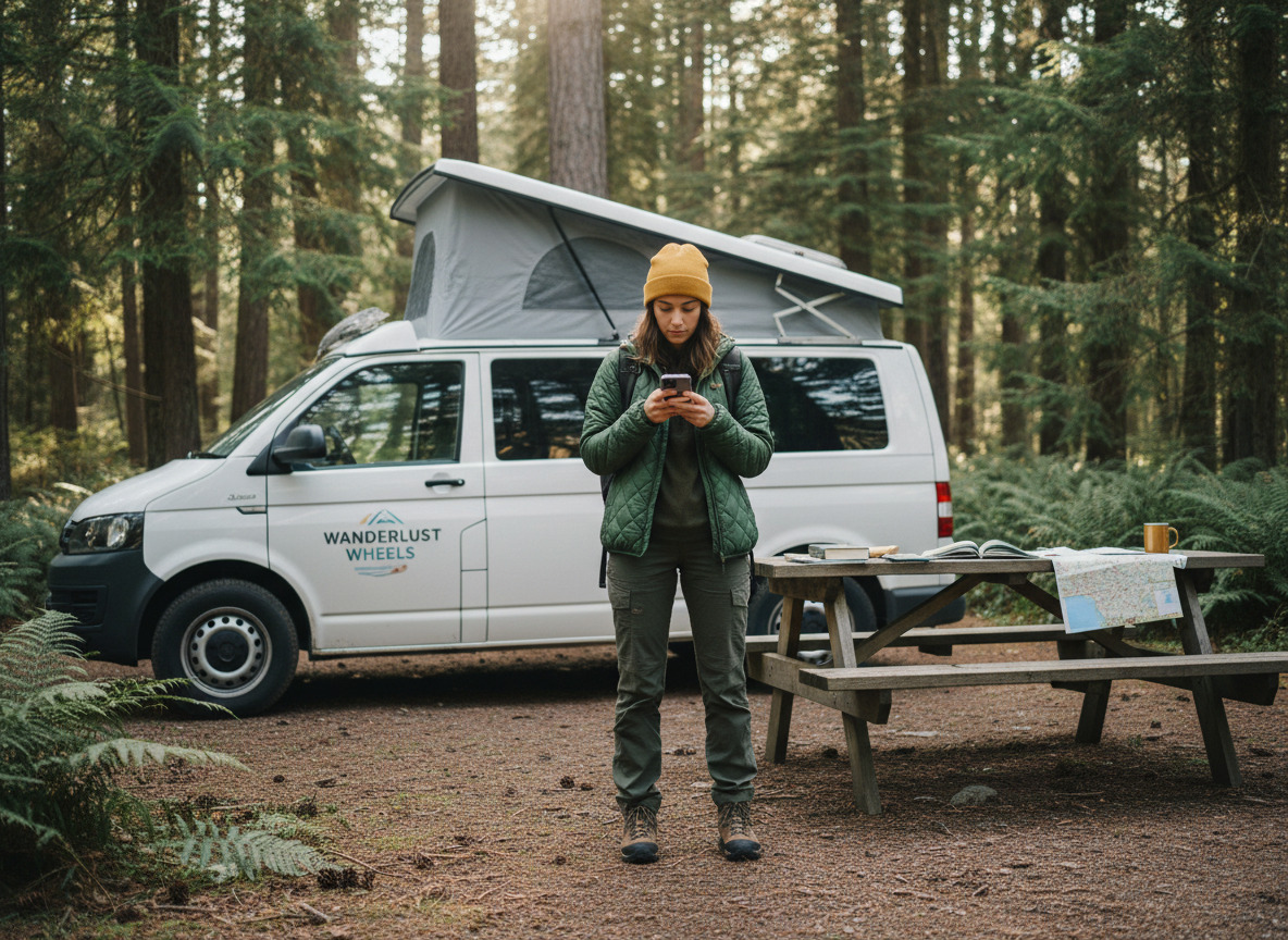 Jeune femme regardant son smartphone près du van