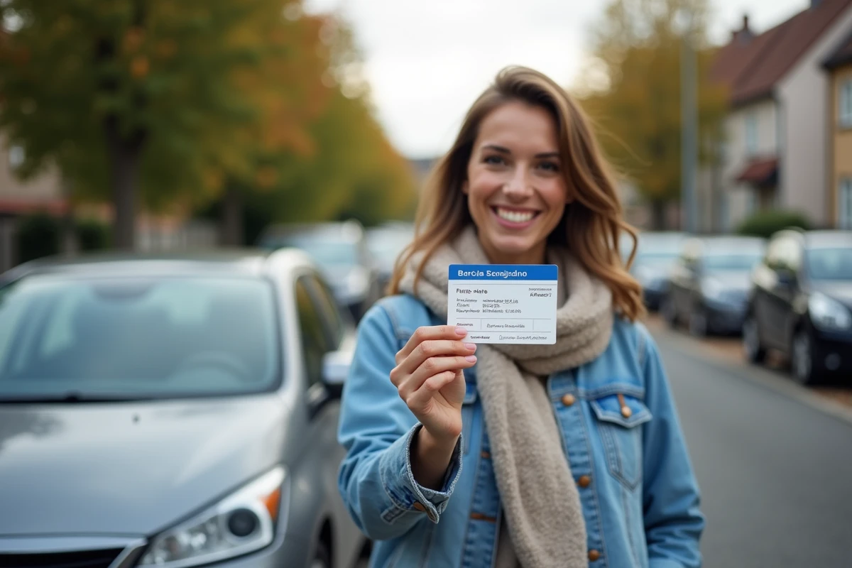 Jeune femme tenant une carte grise devant une voiture