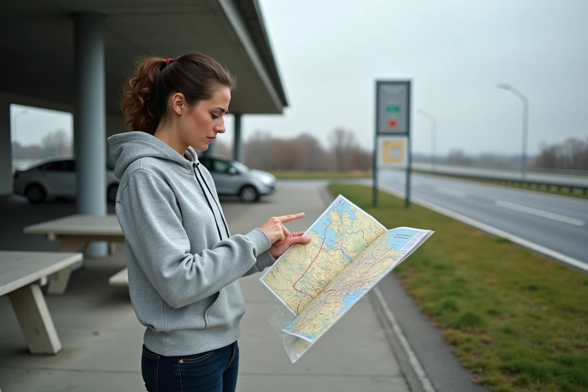 Femme consultant une carte routière papier des autoroutes françaises à une aire de repos