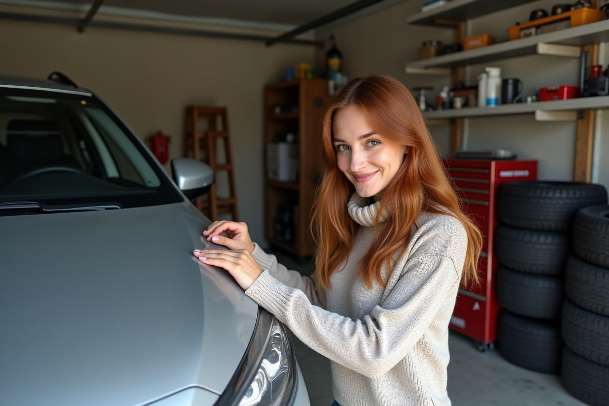 Jeune femme collant une plaque régionale dans un garage