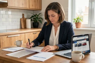 Femme consultant des documents d'assurance auto à la maison pour comparer les offres