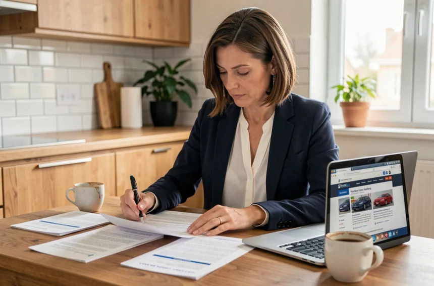 Femme consultant des documents d'assurance auto à la maison pour comparer les offres