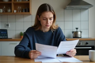 Femme comparant des contrats d'assurance auto à sa table de cuisine pour changer d'assurance avant un an