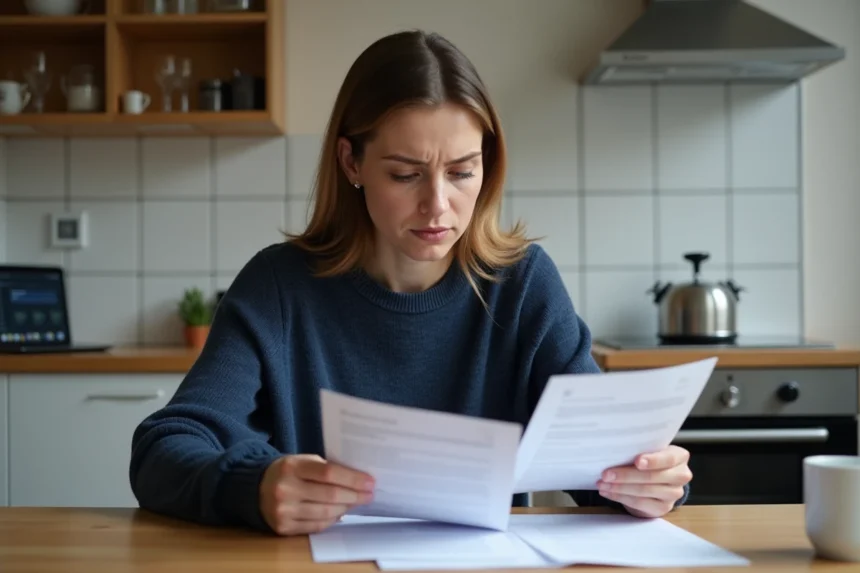 Femme comparant des contrats d'assurance auto à sa table de cuisine pour changer d'assurance avant un an