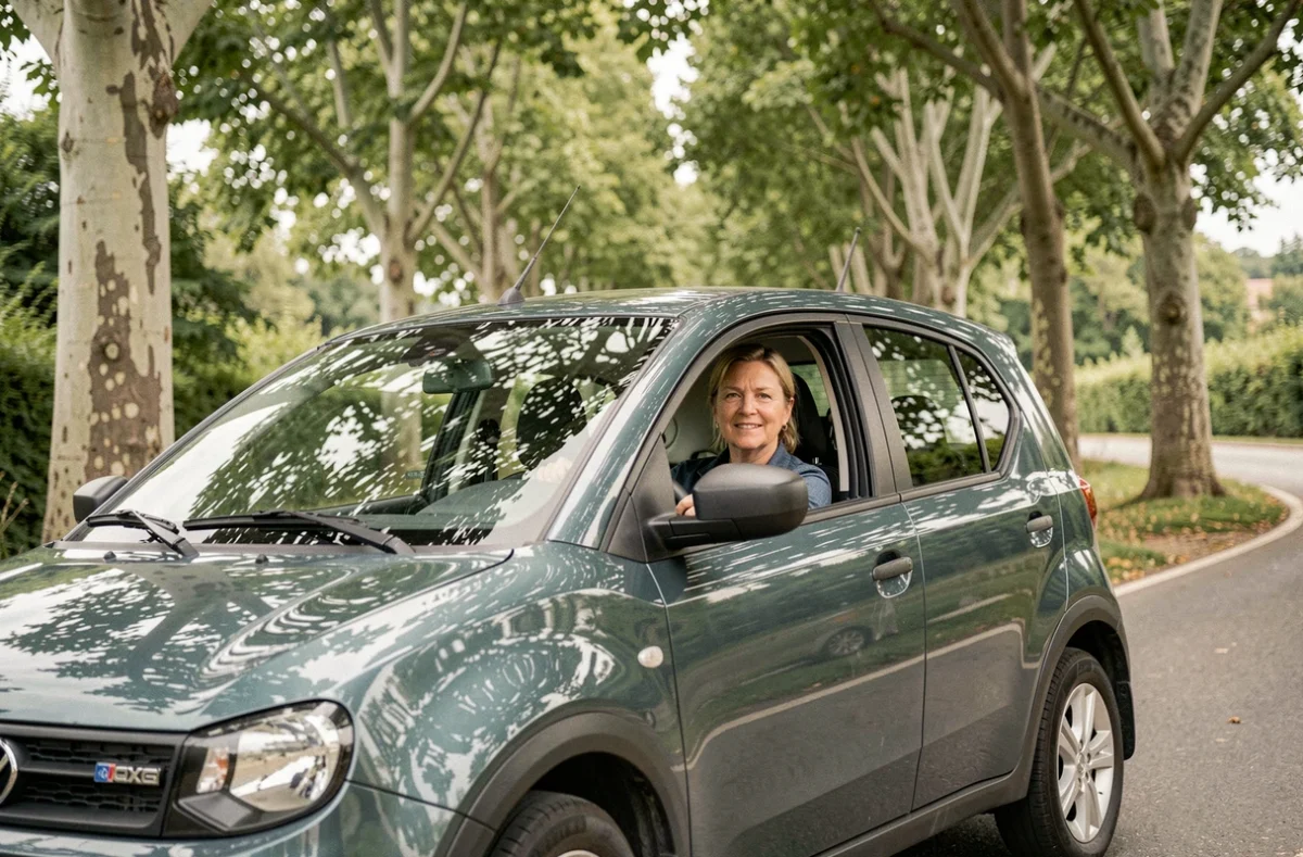 Femme conduisant une Aixam GTI sur une route de campagne française bordée d'arbres
