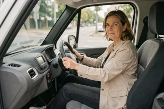 Femme conduisant une voiture sans permis électrique compacte, vue intérieure 3/4