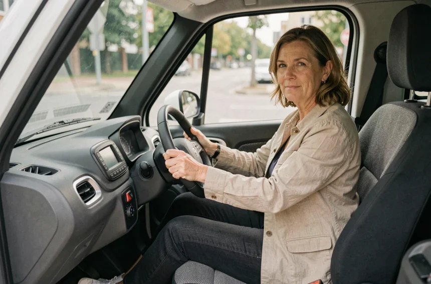 Femme conduisant une voiture sans permis électrique compacte, vue intérieure 3/4
