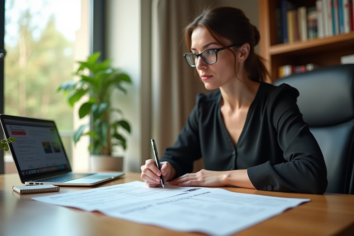 Femme consultant des documents d'amende routière italienne sur son bureau à domicile