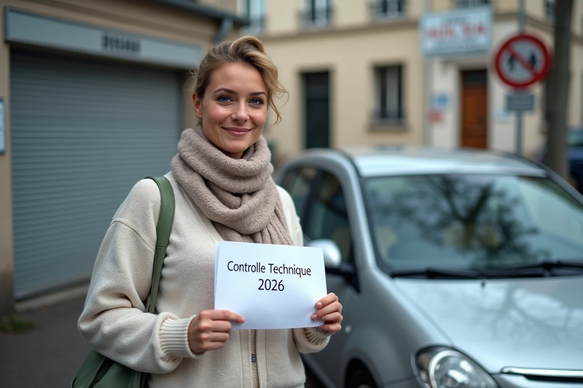 Jeune femme avec document contrôle technique devant sa voiture