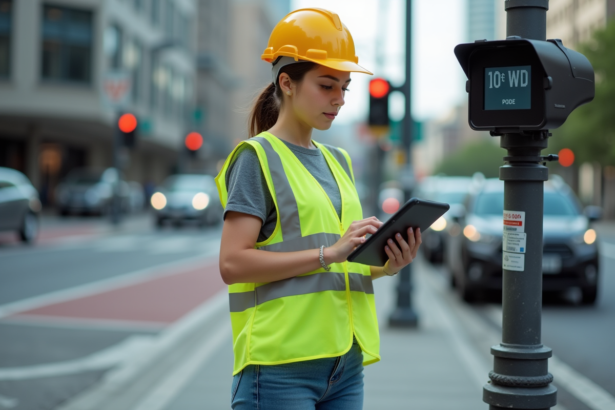Femme contrôle une caméra de surveillance urbaine