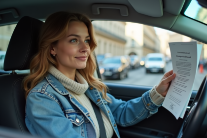 Jeune femme avec document de demande dans une voiture parisienne