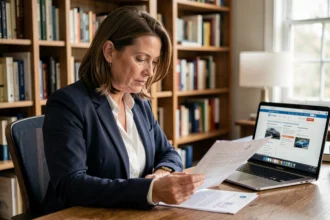 Femme consultant des documents de transfert d'assurance voiture à son bureau à domicile
