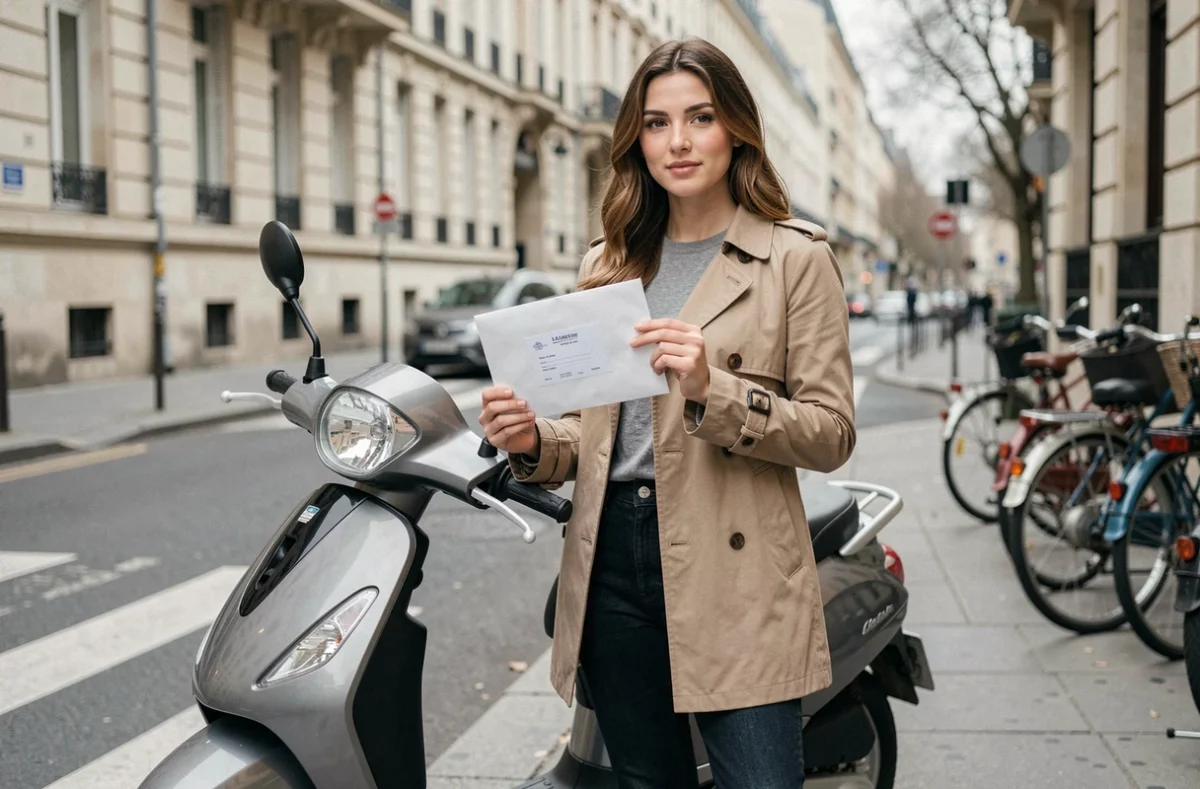 Femme tenant une lettre de résiliation d'assurance scooter devant son scooter en ville
