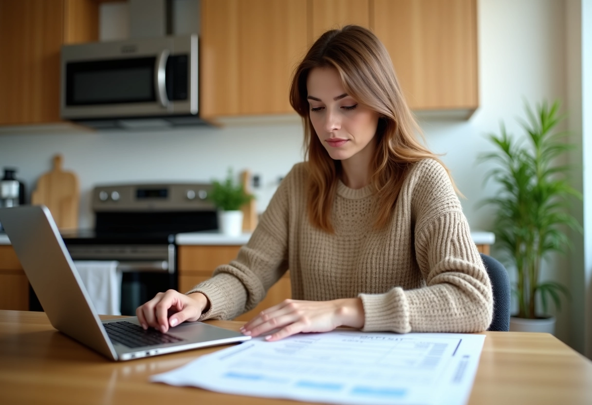 Femme lisant un devis de réparation à la maison