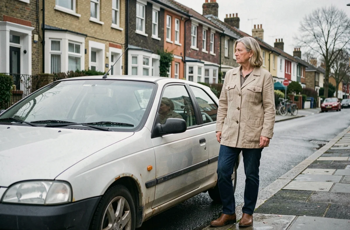 Femme évaluant une voiture à essence ancienne mais fiable dans une rue résidentielle urbaine