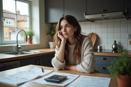 Femme réfléchissant à ses documents auto dans la cuisine