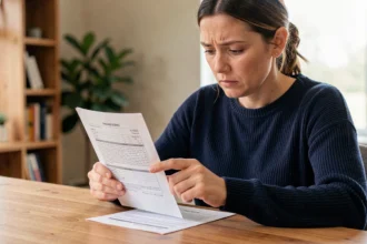 Femme lisant attentivement un contrat d'assurance auto à son bureau à domicile