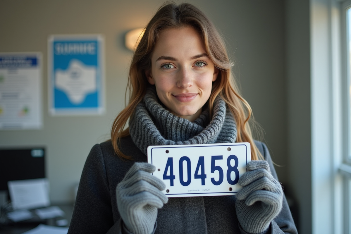 Jeune femme souriante tenant sa nouvelle plaque dans un bureau