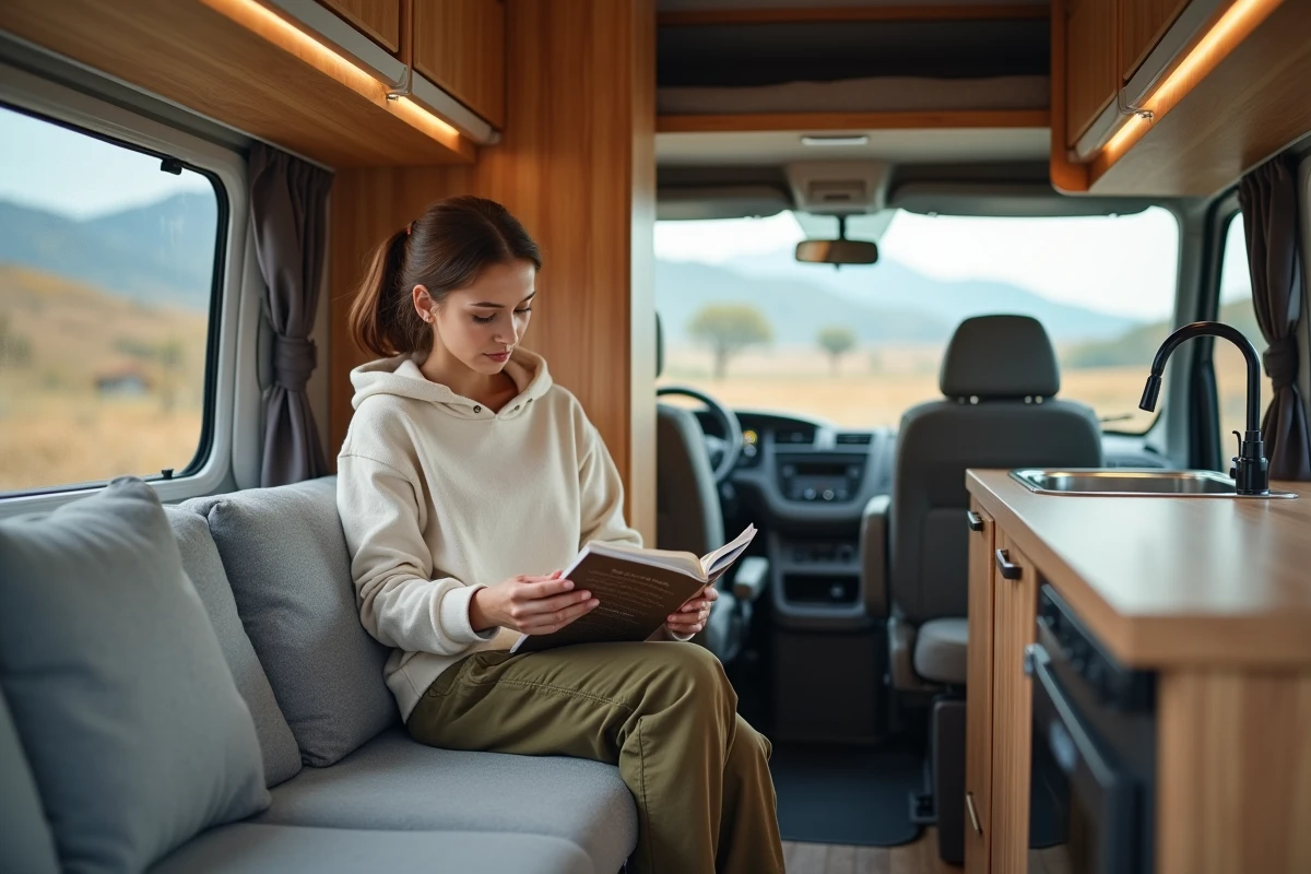 Jeune femme lisant un guide dans un van cosy