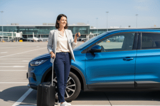 Femme souriante avec clé de location et valise près d'une voiture à l'aéroport