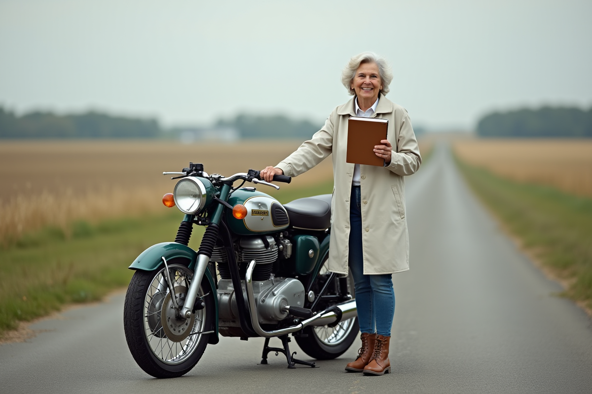 Femme âgée souriante avec sa moto vintage en campagne