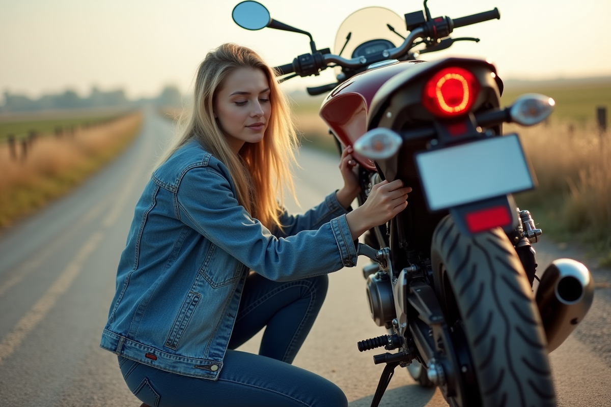 Jeune femme inspectant sa moto dans un paysage rural
