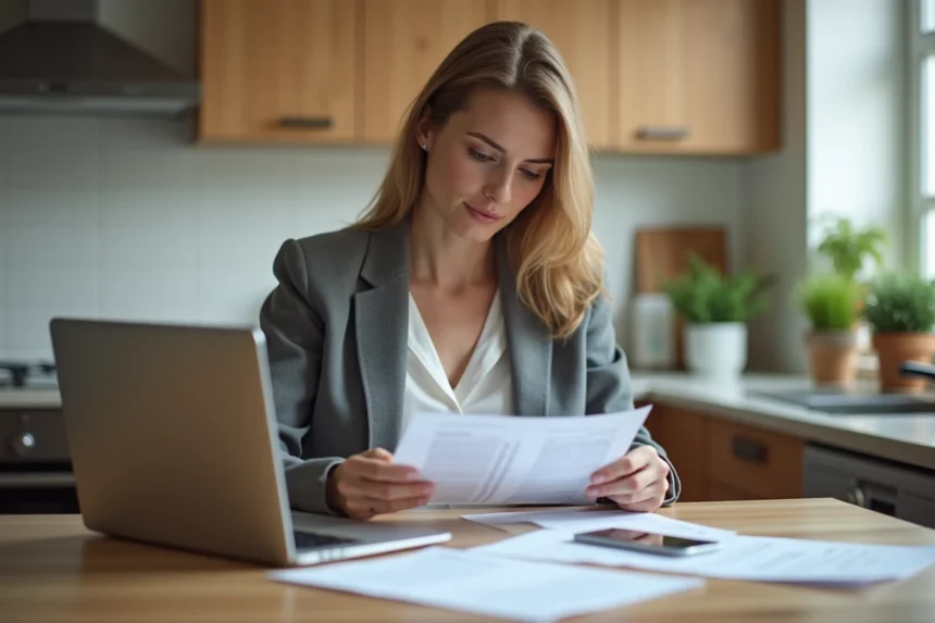 Femme en blazer examine ses documents d'assurance auto à la maison