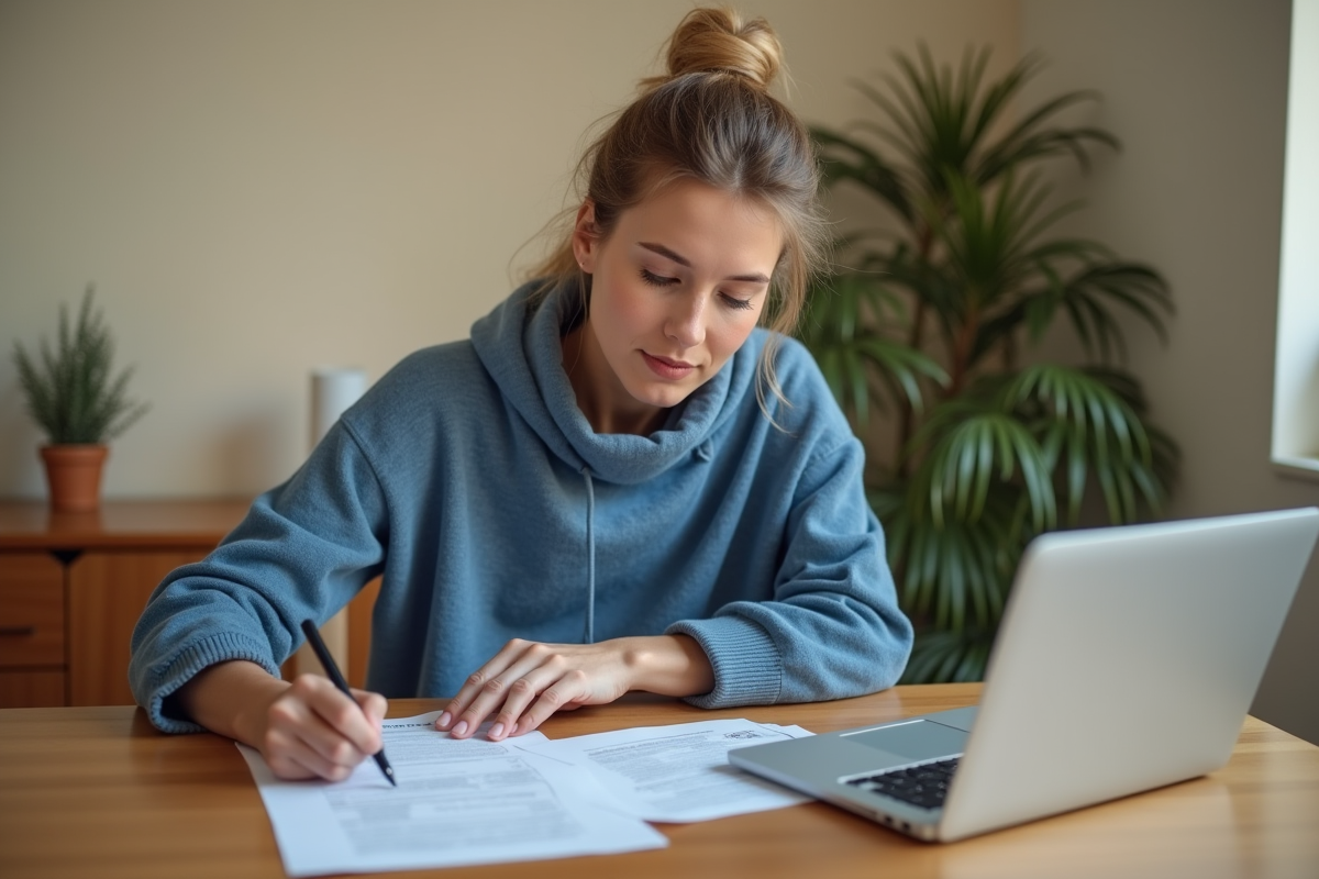 Femme détendue remplissant papiers de voiture à la maison