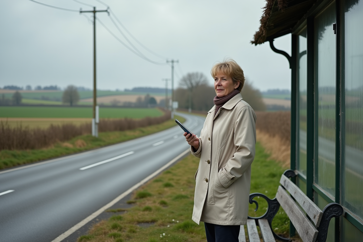 Femme avec permis de conduire devant un arrêt de bus rural